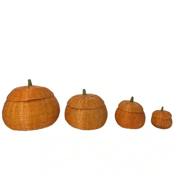 Vintage Wicker Pumpkin Basket Set of 4 w/ Lids Halloween Fall Decor - Picture 1 of 16